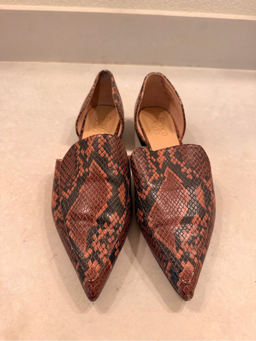 Franco Sarto Pointed D'Orsay Flats in Brown Snake Print